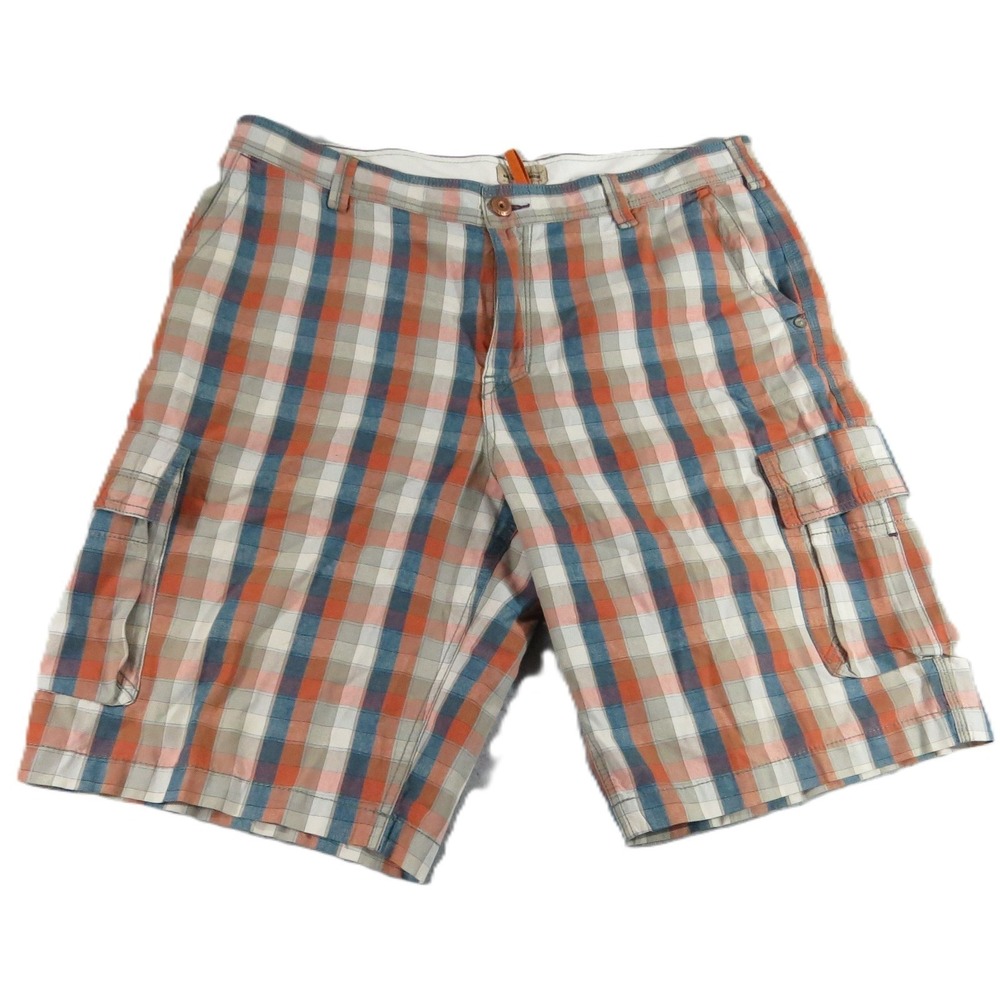 VTG Tommy Bahama Cargo Shorts Men 38 Orange Blue Plaid Island Crate Cotton Y2K
